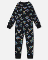 Organic Cotton One Piece Pajama Black Printed Neon Dino | Deux par Deux | Jenni Kidz