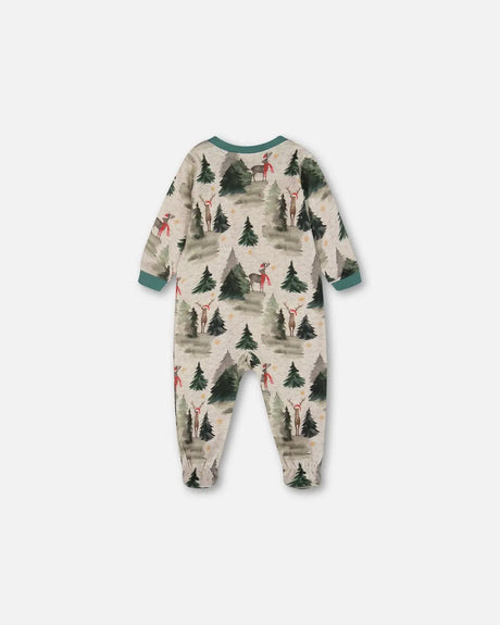 Organic Cotton One Piece Pajama Gray Mix Printed Reindeer | Deux par Deux | Jenni Kidz