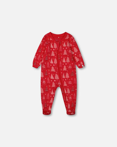 Organic Cotton One Piece Pajama Red Printed Christmas Tree | Deux par Deux | Jenni Kidz