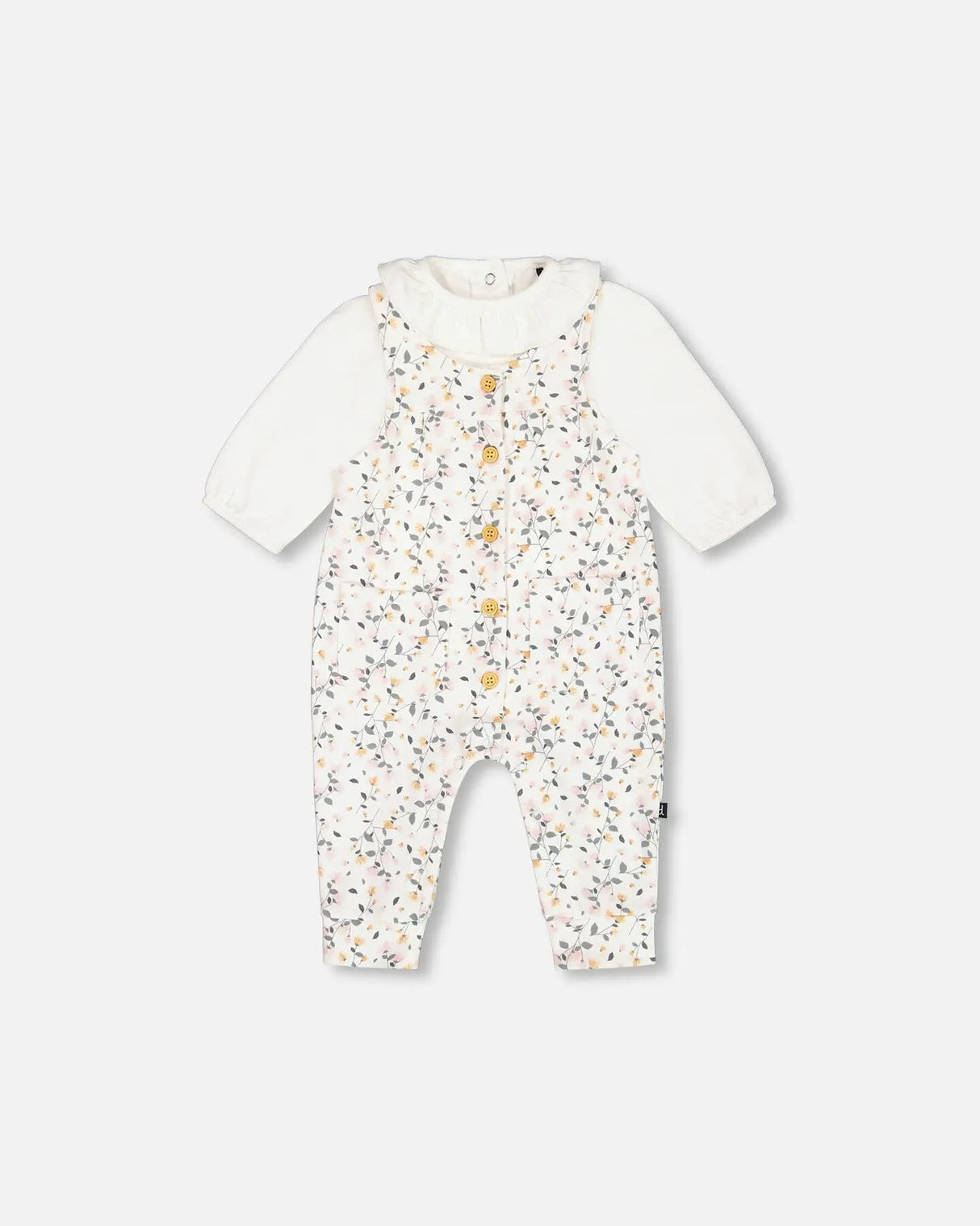 Organic Cotton Onesie And Printed Overall Set Cream With Flowers | Deux par Deux | Jenni Kidz