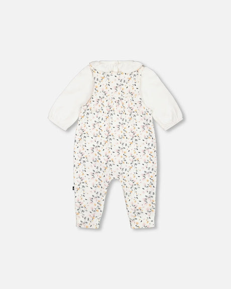 Organic Cotton Onesie And Printed Overall Set Cream With Flowers | Deux par Deux | Jenni Kidz