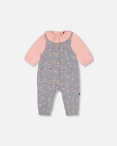 Organic Cotton Onesie And Printed Overall Set Gray With Apples | Deux par Deux | Jenni Kidz