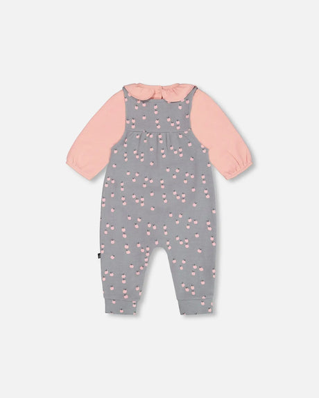 Organic Cotton Onesie And Printed Overall Set Gray With Apples | Deux par Deux | Jenni Kidz