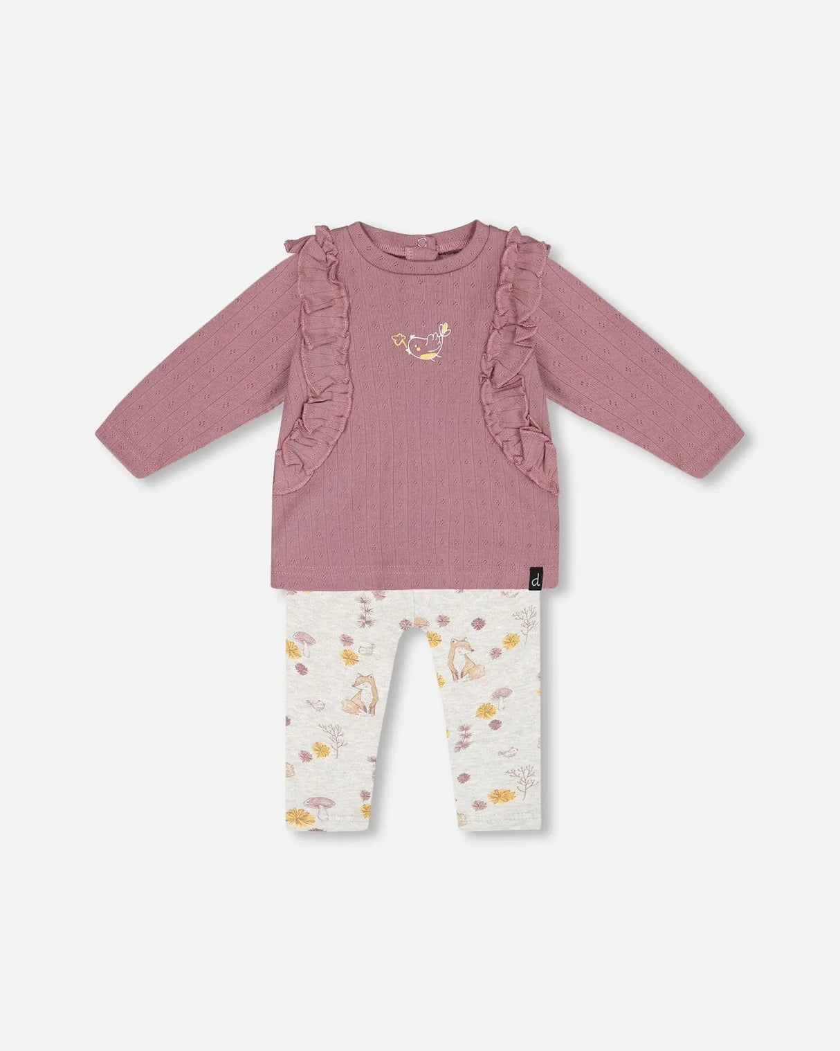 Organic Cotton Pointelle Top And Printed Leggings Set Woodrose With Fox | Deux par Deux | Jenni Kidz