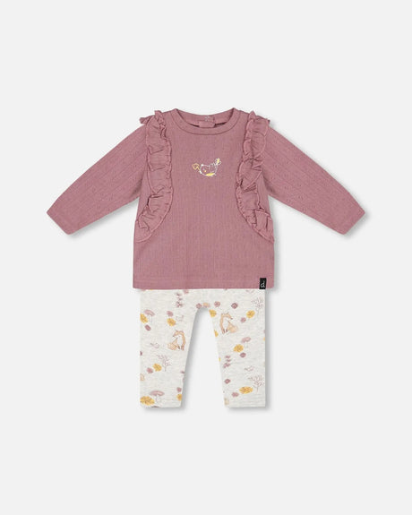 Organic Cotton Pointelle Top And Printed Leggings Set Woodrose With Fox | Deux par Deux | Jenni Kidz