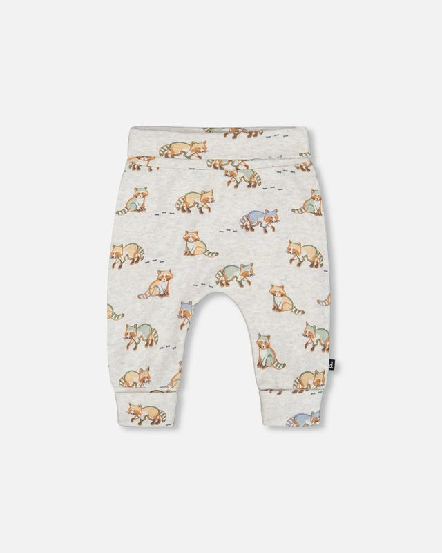 Organic Cotton Printed Evolutive Pant Beige Mix With Racoon | Deux par Deux | Jenni Kidz