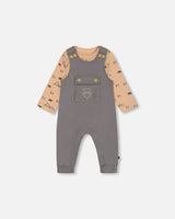 Organic Cotton Printed Onesie And Overall Set Dark Gray With Mountains | Deux par Deux | Jenni Kidz