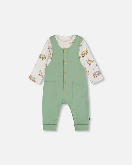 Organic Cotton Printed Onesie And Overall Set Green And Racoon | Deux par Deux | Jenni Kidz