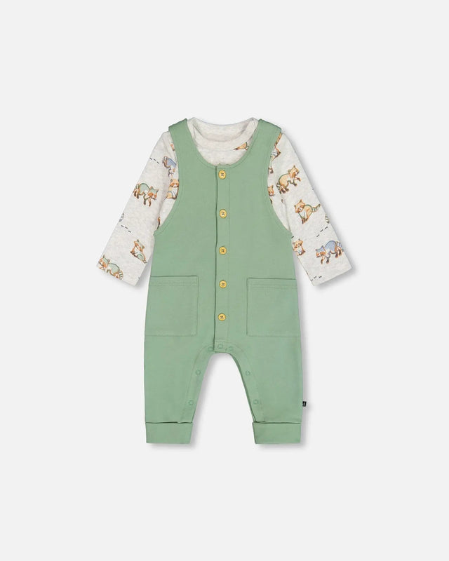 Organic Cotton Printed Onesie And Overall Set Green And Racoon | Deux par Deux | Jenni Kidz