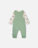 Organic Cotton Printed Onesie And Overall Set Green And Racoon | Deux par Deux | Jenni Kidz