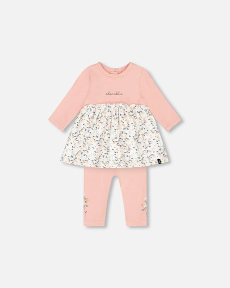 Organic Cotton Printed Tunic And Leggings Set Light Pink With Flowers | Deux par Deux | Jenni Kidz