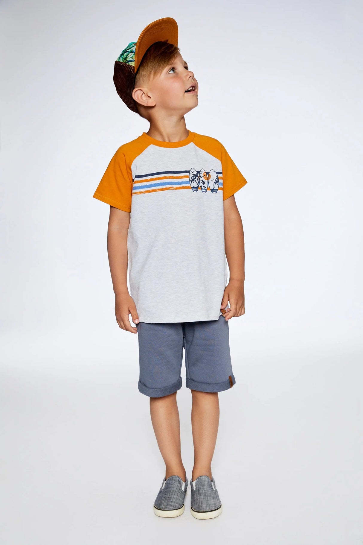 Organic Cotton Raglan T-Shirt Light Gray Mix And Orange | Deux par Deux | Jenni Kidz