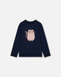 Organic Cotton T-Shirt Dark Blue With Cat | Deux par Deux | Jenni Kidz