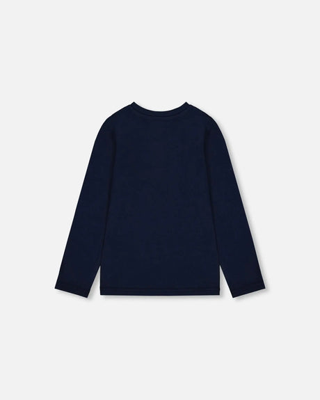 Organic Cotton T-Shirt Dark Blue With Cat | Deux par Deux | Jenni Kidz