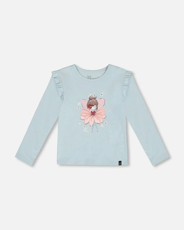 Organic Cotton T-Shirt With Frill Light Blue | Deux par Deux | Jenni Kidz