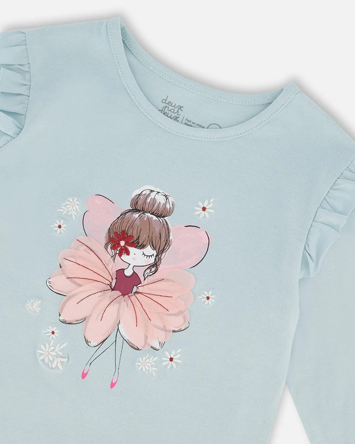 Organic Cotton T-Shirt With Frill Light Blue | Deux par Deux | Jenni Kidz