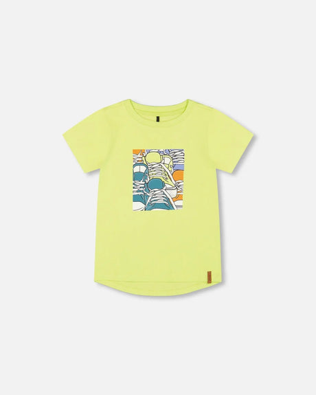 Organic Cotton T-Shirt With Sneaker Print Lime | Deux par Deux | Jenni Kidz