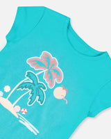 Organic Cotton Tee With Print Turquoise | Deux par Deux | Jenni Kidz