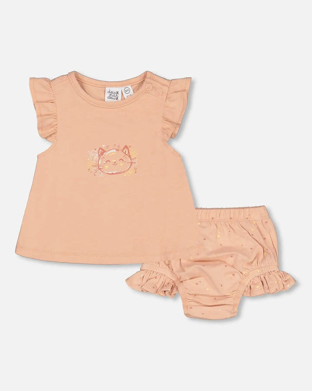 Organic Cotton Top And Bloomers Set Peach Rose With Printed Heart | Deux par Deux | Jenni Kidz