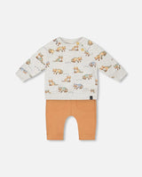 Organic Cotton Top And Pant Set Beige Mix Printed Racoon And Hazel | Deux par Deux | Jenni Kidz