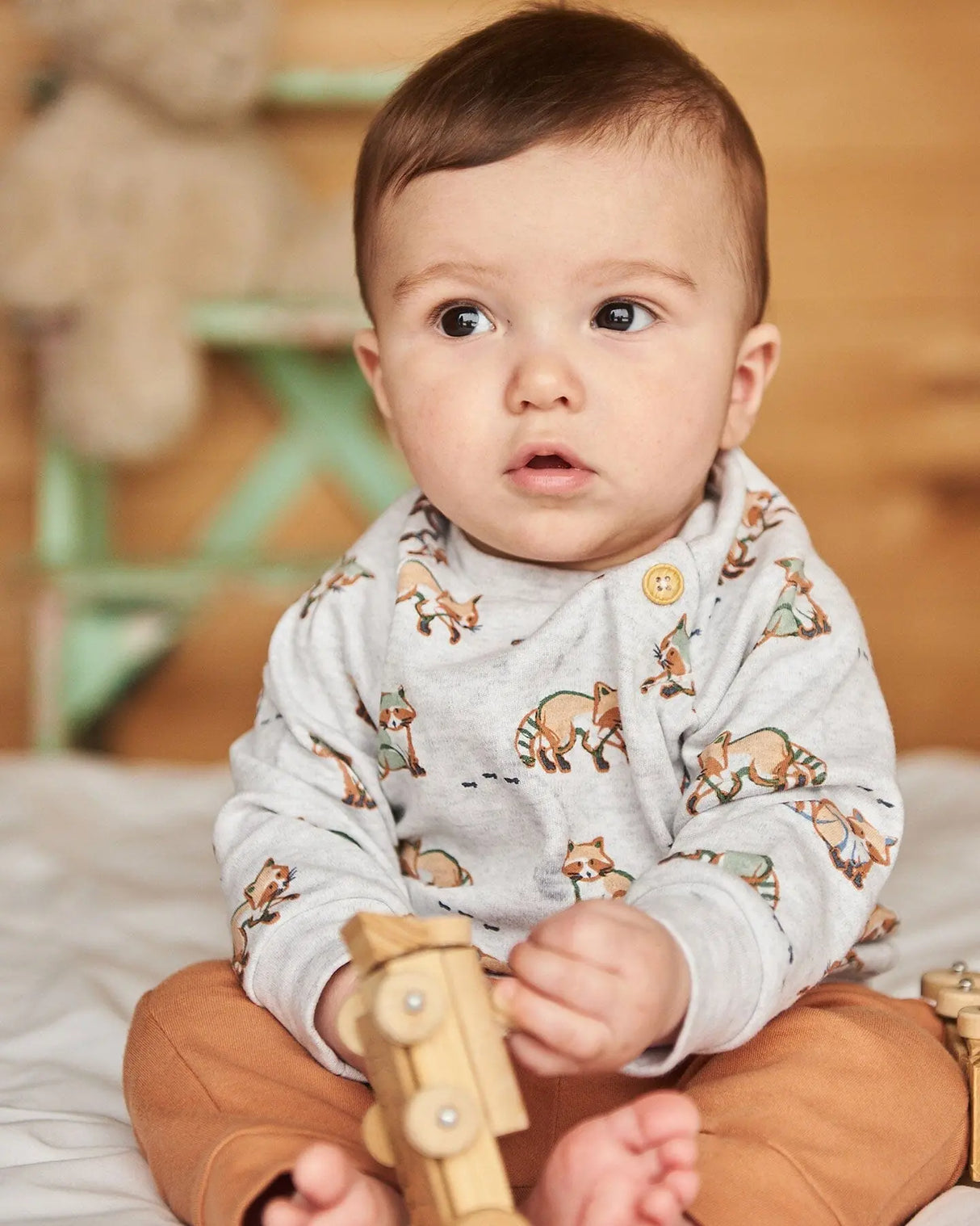 Organic Cotton Top And Pant Set Beige Mix Printed Racoon And Hazel | Deux par Deux | Jenni Kidz