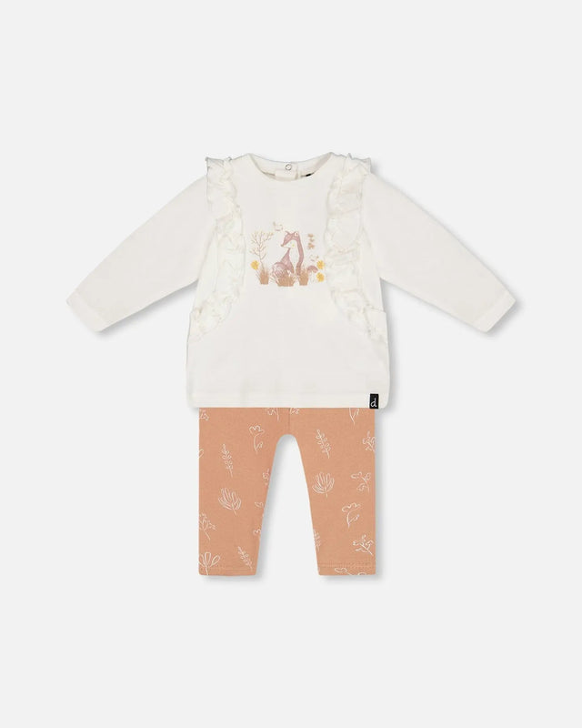 Organic Cotton Top And Printed Leggings Set White And Cinnamon | Deux par Deux | Jenni Kidz