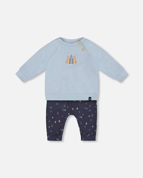 Organic Cotton Top And Printed Muslin Pant Set Light Blue With Pine | Deux par Deux | Jenni Kidz