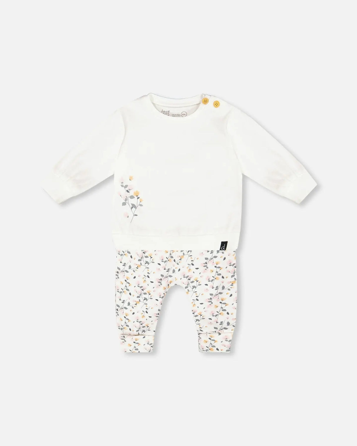 Organic Cotton Top And Printed Pants Set Cream With Flowers | Deux par Deux | Jenni Kidz