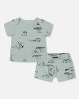 Organic Cotton Top And Short Set Sage With Printed Jungle | Deux par Deux | Jenni Kidz