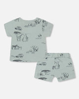 Organic Cotton Top And Short Set Sage With Printed Jungle | Deux par Deux | Jenni Kidz