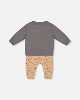 Organic Cotton Top With Printed Bears Pant Set Sand | Deux par Deux | Jenni Kidz