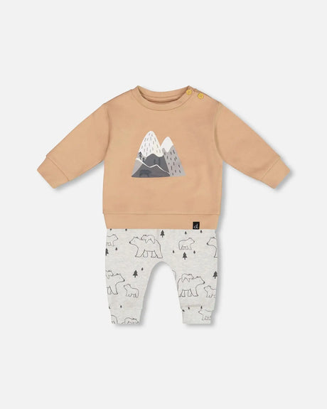 Organic Cotton Top With Printed Mountains Pant Set Dark Gray | Deux par Deux | Jenni Kidz