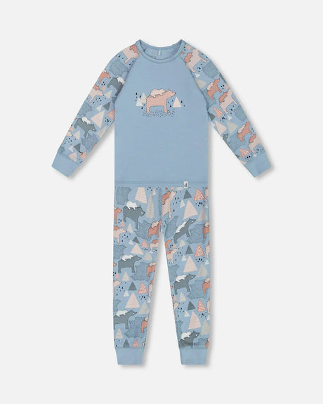 Organic Cotton Two Piece Pajama Set Air Blue Printed Mama Bears | Deux par Deux | Jenni Kidz