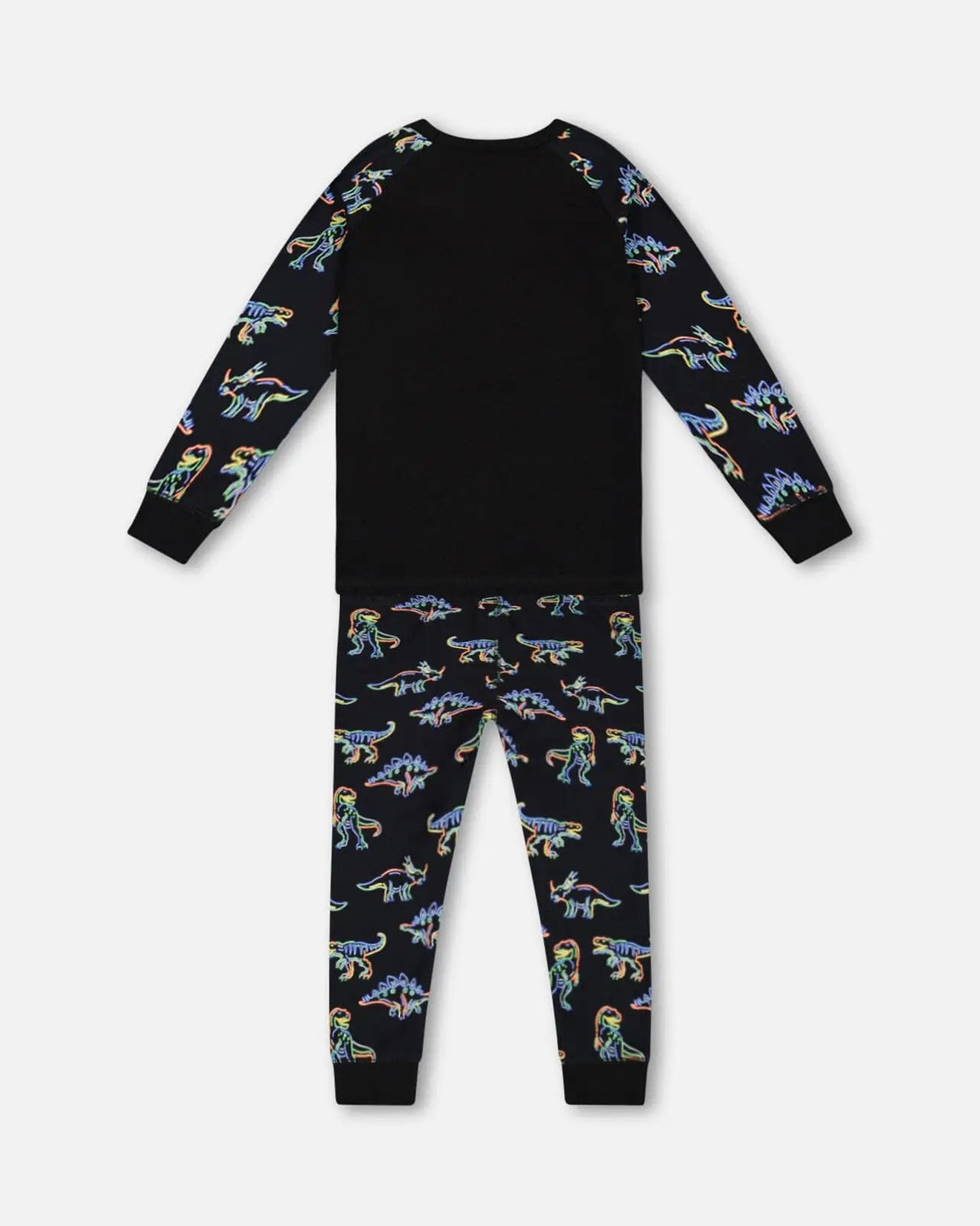 Organic Cotton Two Piece Pajama Set Black Printed Neon Dino | Deux par Deux | Jenni Kidz