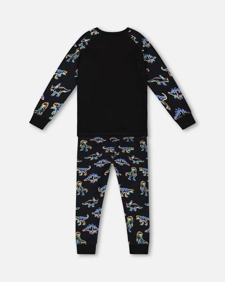 Organic Cotton Two Piece Pajama Set Black Printed Neon Dino | Deux par Deux | Jenni Kidz