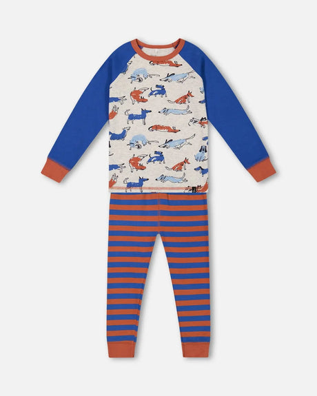 Organic Cotton Two Piece Pajama Set Blue And Orange Stripe | Deux par Deux | Jenni Kidz