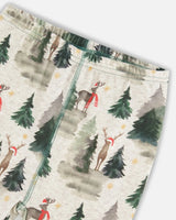 Organic Cotton Two Piece Pajama Set Gray Mix And Green Printed Reindeer | Deux par Deux | Jenni Kidz