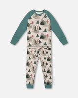 Organic Cotton Two Piece Pajama Set Gray Mix And Green Printed Reindeer | Deux par Deux | Jenni Kidz