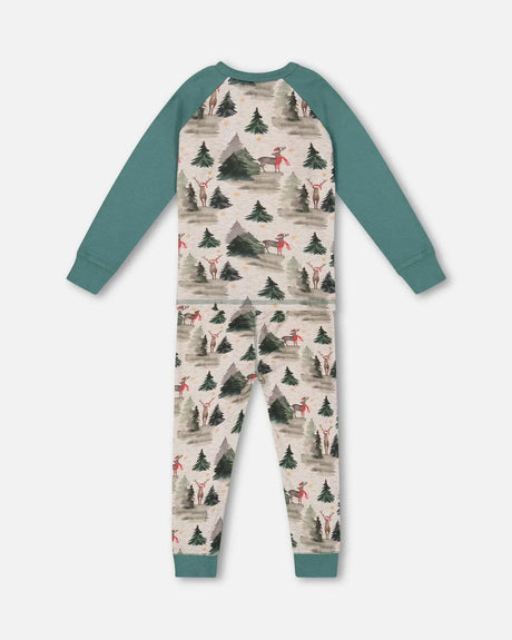 Organic Cotton Two Piece Pajama Set Gray Mix And Green Printed Reindeer | Deux par Deux | Jenni Kidz