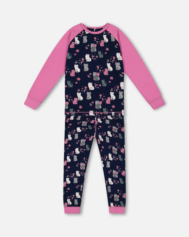 Organic Cotton Two Piece Pajama Set Navy Printed Cats | Deux par Deux | Jenni Kidz