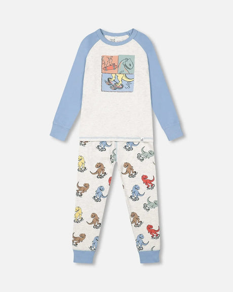 Organic Cotton Two Piece Pajama Set Oatmeal Mix Dinosaur Print | Deux par Deux | Jenni Kidz