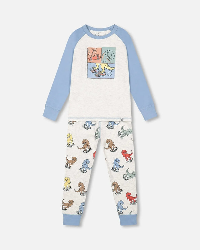 Organic Cotton Two Piece Pajama Set Oatmeal Mix Dinosaur Print | Deux par Deux | Jenni Kidz