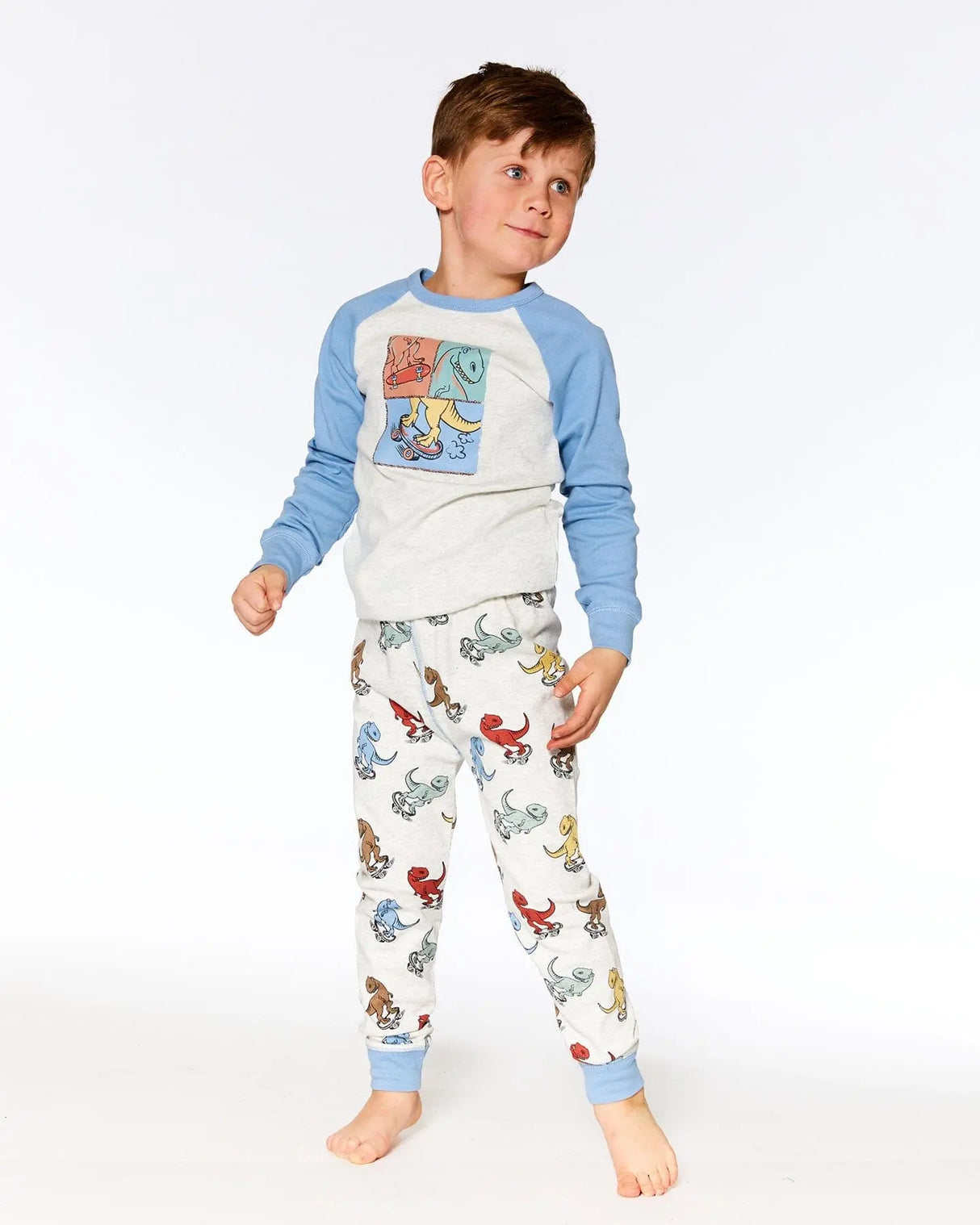 Organic Cotton Two Piece Pajama Set Oatmeal Mix Dinosaur Print | Deux par Deux | Jenni Kidz