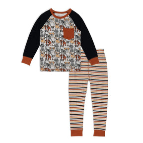 Deux par Deux dog print two-piece pajama set with striped pants
