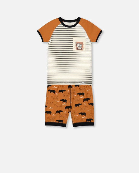 Organic Cotton Two Piece Short Pajama Set Caramel Printed Rhinoceros | Deux par Deux | Jenni Kidz