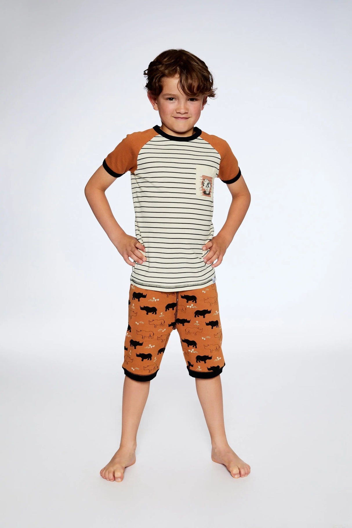 Organic Cotton Two Piece Short Pajama Set Caramel Printed Rhinoceros | Deux par Deux | Jenni Kidz