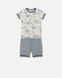 Organic Cotton Two Piece Short Pajama Set Heather Beige Printed Dinosaurs | Deux par Deux | Jenni Kidz