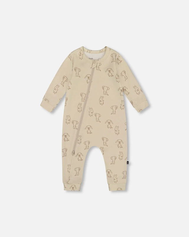 Organic Cotton Zipped Romper Beige Puppy Print | Deux par Deux | Jenni Kidz