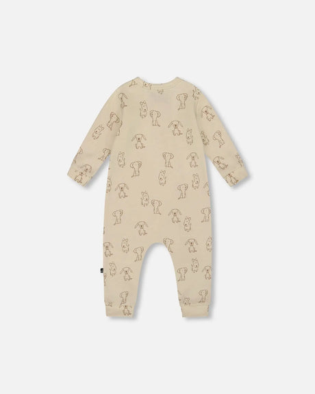 Organic Cotton Zipped Romper Beige Puppy Print | Deux par Deux | Jenni Kidz
