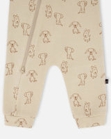 Organic Cotton Zipped Romper Beige Puppy Print | Deux par Deux | Jenni Kidz